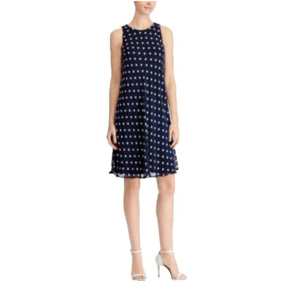 Ralph Lauren Shift Dress 6 Blue White Polka Dot Flowy Sleeveless NEW - Picture 1 of 8